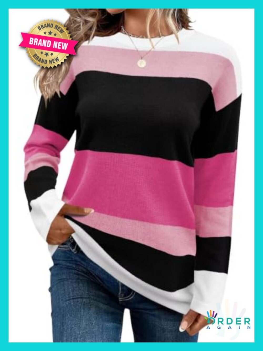 Womens Striped Knit Sweater Crew Neck Long Sleeve Pullover Top